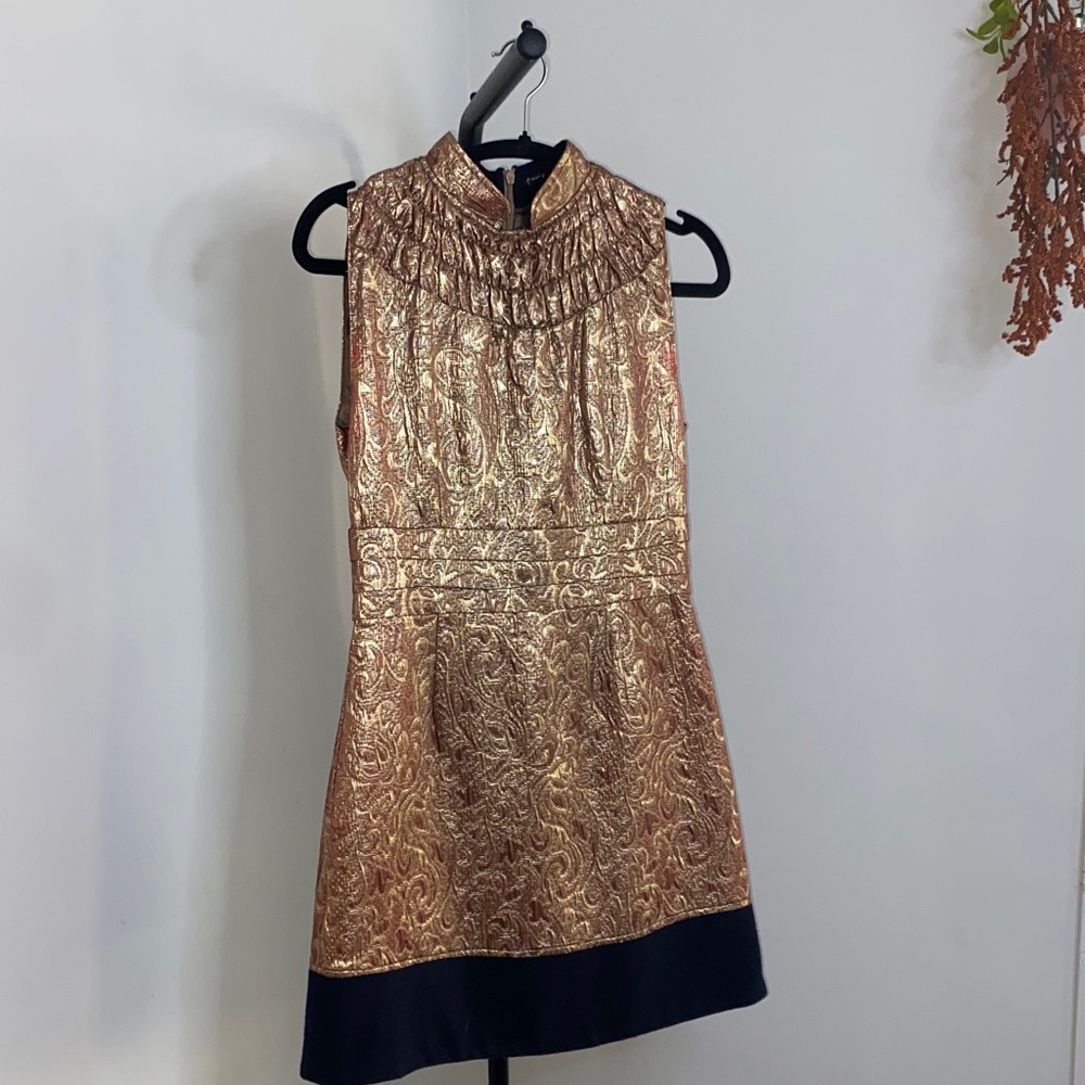 Chic Gold and Black Brocade Mini Dress